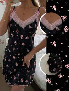 CottageSlumber 女士睡衣罗纹花卉蕾丝边吊带睡裙 - 黑色 - 查看 2