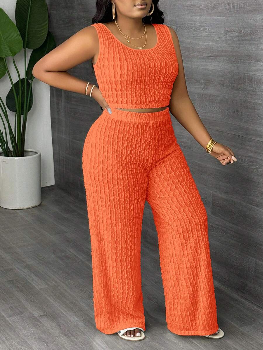 Slaydiva Plus Size Solid White Long Casual Vest And Wide Leg Pants 2 Pieces Set, Spring/Summer