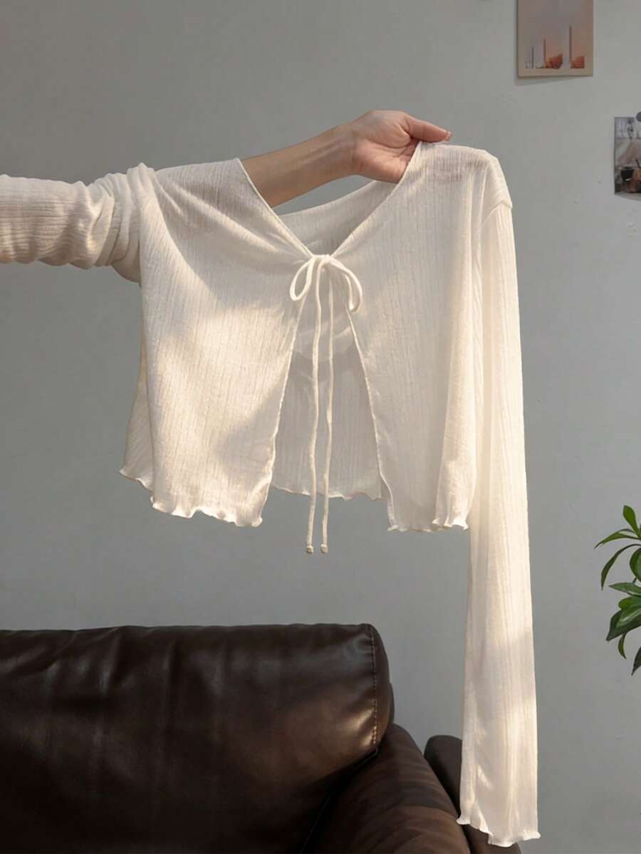 Resyla Lace Trim Camisole Dress Cover Up, Long Sleeve Knit Shrug Tops For Women, Summer Sun Protection - Beige - View 1