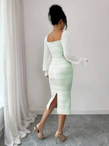 Elenzga Đầm chiffon cổ bẻ phối vải tweed thanh lịch, thích hợp cho hẹn hò/nghỉ lễ. - màu xanh lá - Xem 2