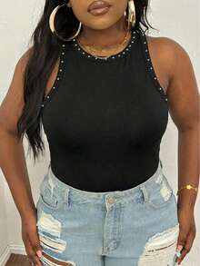 Slaydiva Top ajustado de cuello redondo con diseño de tachuelas para mujer de talla grande, adecuado para el verano - Multicolor - Ver 2