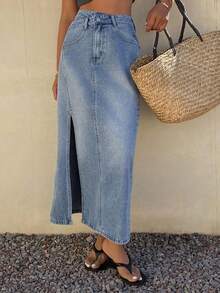 DAZY Damen Asymmetrisches Design Taillenschlitz Lässiger Denim Rock - Mittele Waschung - Übersicht 2