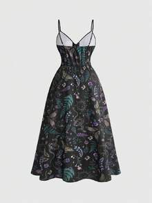 ROMWE Fairycore Gothic Elegant Moth Leaf Plant Butterfly Snake Sun Moon Star Mori Style Spaghetti Strap Sexy Low-Cut Dress For Plus Size Women Vacation Black Summer - Black - View 4