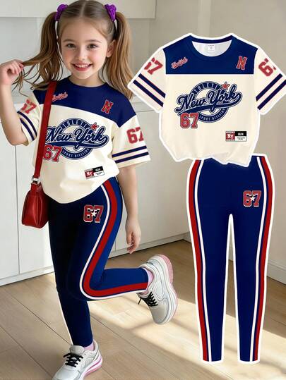 两件套女童休闲创意图案T恤和裤子套装，舒适百搭，适合春、夏、秋季日常穿着。