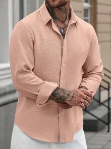 Manfinity CasualCool 男士純色休閒亞麻長袖襯衫，男士休閒素色襯衫，正式場合適用 - 粉色 - 查看 4