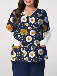 PopScrub Blusa de uniforme de talla grande, blusa con estampado de flores silvestres y abejas, camisa con bolsillo fresca, camisa de manga corta con cuello en V para uso femenino, Halloween - Multicolor - Ver 1