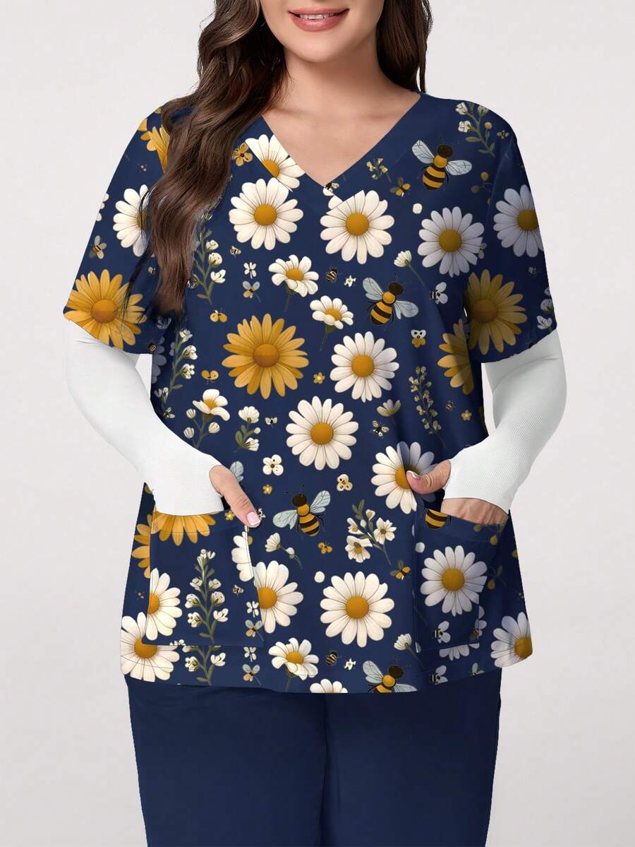 PopScrub Blusa de uniforme de talla grande, blusa con estampado de flores silvestres y abejas, camisa con bolsillo fresca, camisa de manga corta con cuello en V para uso femenino, Halloween - Multicolor - Ver 1