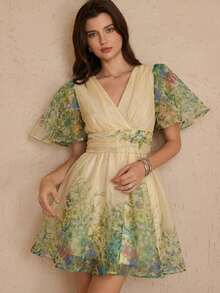 Aveloria Rosie Đầm ngắn tay cổ chữ V, thắt eo, chất liệu organza, kiểu dáng ngọt ngào, thích hợp cho kỳ nghỉ. Hàng mới về. - Nhiều màu - Xem 7