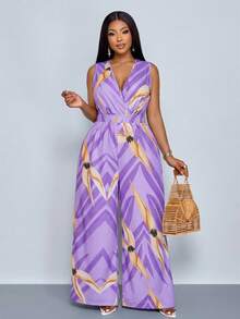 SOLERSUN Bộ jumpsuit không tay in họa tiết hoa lá, eo chun, cổ chữ V dành cho nữ cỡ lớn, thích hợp cho kỳ nghỉ xuân hè và mặc hàng ngày. - Màu tím - Xem 8