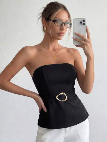 Ritzy Row Top bustier scurt, elegant, minimalist, negru, pentru femei, cu design de inel metalic, stil vintage palat, bodycon, sexy, pentru petrecere