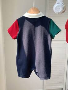 SHEIN Unisex Newborn Baby Boy/Girl Casual Cute Contrast Color Patchwork Short Sleeve Lapel Romper,Boy Outfit Sets,Spring/Summer Clothes - Navy Blue - View 2