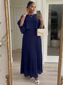 SHEIN Lady CURVE 2025 New Plus Size Navy Blue Solid Color Pleated Dress, Fashionable Summer Women Church Dresses Women Festival Dress Navy Blue Dress Elegant Classy Festival Dress Fall Clothes For Women - Navy Blue - View 4