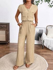 EMERY ROSE Women's Solid Color V-Neck Pocket Casual Jumpsuit Palazzo - Khaki - View 3
