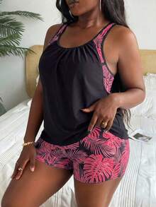 Swim Lushoire Bộ đồ bơi tankini xếp ly phối hợp dành cho nữ cỡ lớn, thời trang nghỉ dưỡng đi biển. - Màu Hoa hồng đỏ - Xem 6