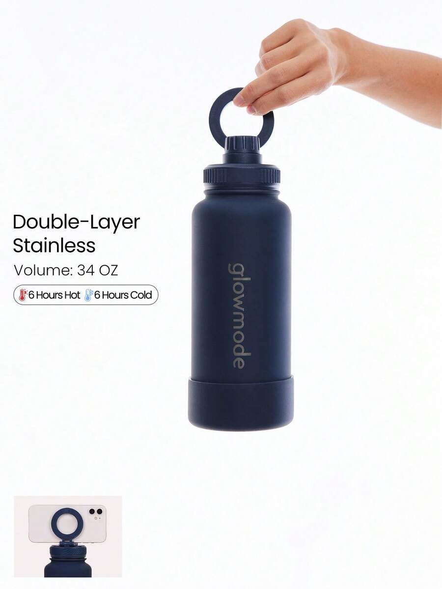 GLOWMODE 1L Botella de agua de acero inoxidable de doble capa con asa de bucle, soporte magnético para teléfono y base antideslizante, para uso diario, oficina y actividades - Azul Marino - Ver 1
