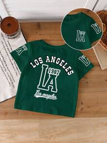 男童短袖圆领T恤，字母印花，橄榄绿，街头风，百搭春夏时尚单品 - 墨綠色 - 查看 2