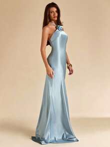 SHEIN BAE Elegant Light Blue Summer Satin Gown Halter Backless Floral Decor Fitted Maxi Mermaid Dress For Dining,Party,Cocktail,Formal Occasion,Bridesmaid - Blue - View 6