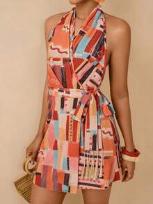 SHEIN Veneréa Women's Halter Backless Allover Print Tie-Waist Elegant Bodycon Mini Dress For Dates & Parties - Multicolor - View 5