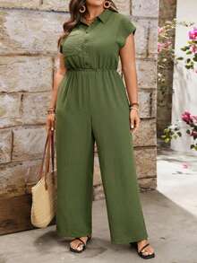 EMERY ROSE Women's Spring/Summer Lapel Button Waist Casual Wide Leg Jumpsuit, Suitable For Office, Cafe, Weekend Market Women Vacation Outfit Sets Women Casual Outfits Green Sage Green Women S Summer Outfits Women Outfits Sets - Army Green - View 4