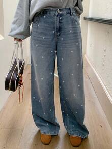 Dazy Plus 心形印花花卉宽松直筒水洗做旧长牛仔裤，四季皆宜 - 中等水洗藍 - 查看 7