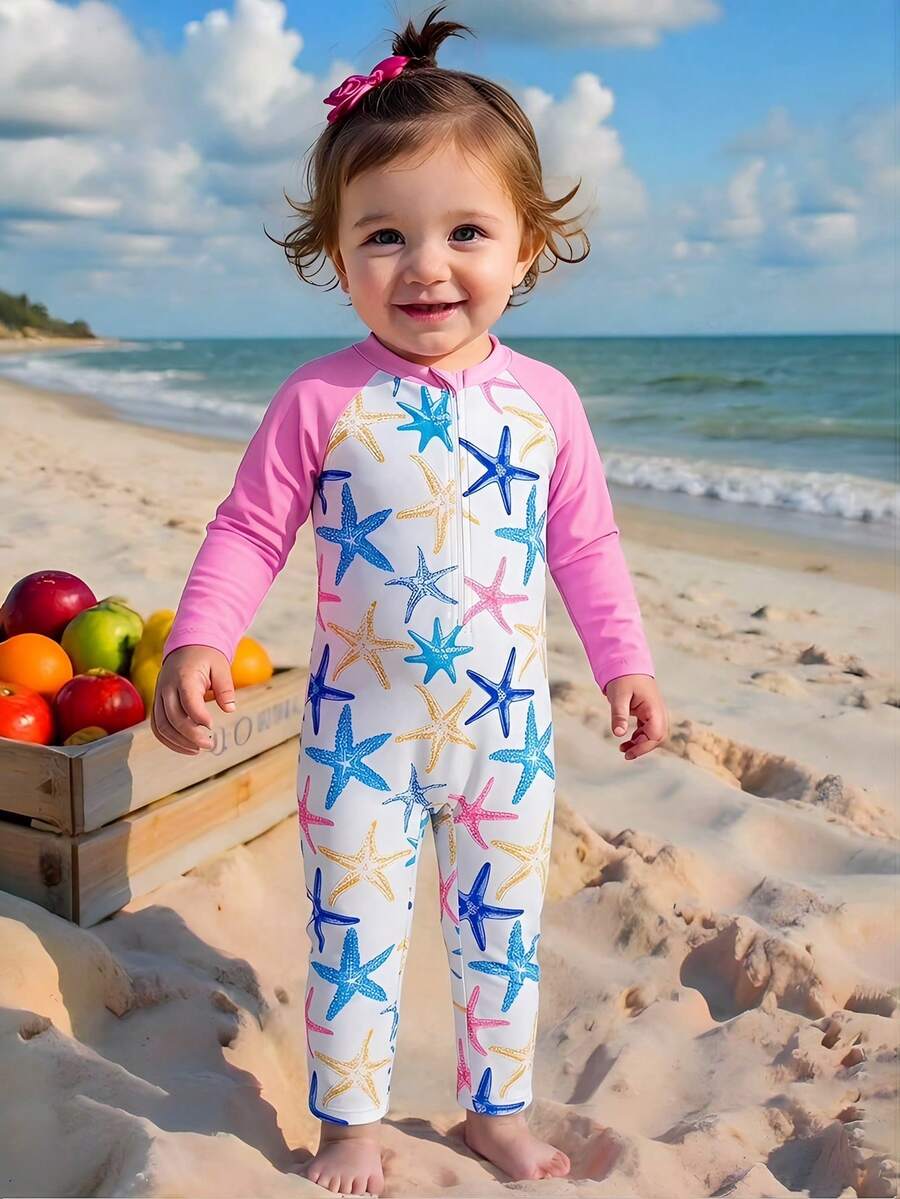 1件女婴可爱鲸鱼印花长袖连体泳衣，紫色，适合夏季和度假穿着 - 彩色 - 查看 1