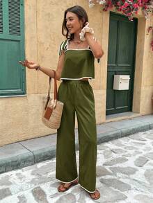 Serisse Bộ 2 món áo và quần nữ kiểu dáng thường ngày thắt nút vai - xanh quân đội - Xem 4