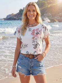 SHEIN LUNE Batwing Sleeve Floral Print Top,Casual - Multicolor - View 6