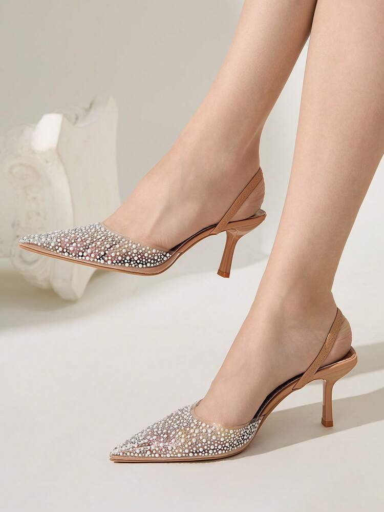 CUCCOO CHICEST Women's Pearly Rhinestone Transparent Strap Pointed Toe High Heel Sandals, Sexy And Elegant Closed Toe Slip-On Pumps Summer Shoes Summer Break Easter Prom Heels For Christmas Elegant Shoes Wedding Shoes Summer Shoes Bride Shoes