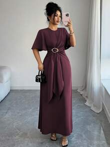 Elenzga Elegantes, lässiges Pendler-/Urlaubskleid mit rundem Ausschnitt, Kreuzband-Bindung, Metallschnalle in Taillenhöhe, A-Linie, Langarm mit Glockenärmel, Maxikleid, Frühling/Herbst/Winter, formelles Kleid, burgunderrotes Kleid, Damenkleid, Maxikleider, elegantes, klassisches Damenkleid - Rot-violett - Übersicht 8