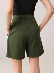 BizChic Women's Pleated High Waist Side Pocket Shorts,Army Green,Summer,Casual,Hiking,Elegant Urban Commute,Formal Office,90s Retro Style,Versatile All-Match - Army Green - View 2