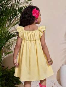 Young Girls Cute Floral Ruffle Hem Loose A-Line Casual Vacation Home Outdoor Back To School Dress, Spring/Summer - Yellow - View 2