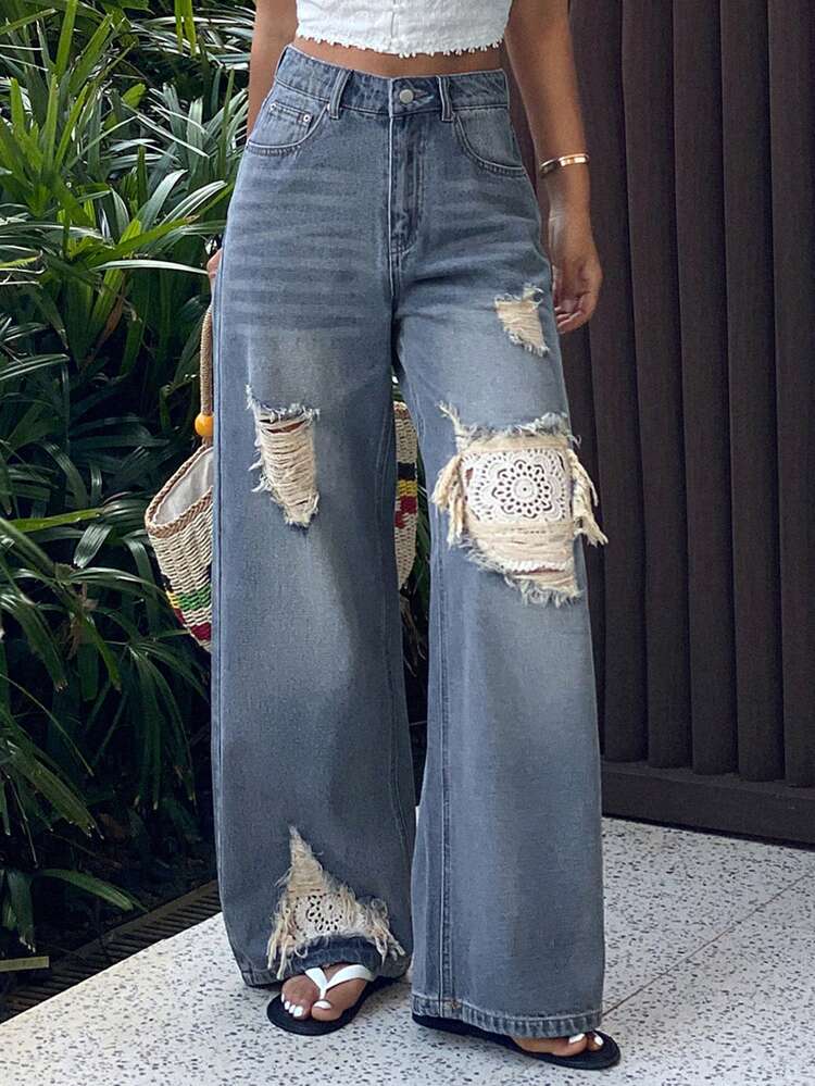 Women's Regular Waist Ripped Lace Patchwork Loose Straight Leg Jeans, Casual Street Style