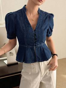 Women's V-Neck Short Sleeve Waist Cinched Casual Sexy Denim Blouse, Summer - Dark Wash - View 6