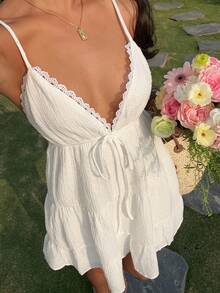 SHEIN EZwear 女士白色编织吊带度假连衣裙 - 白色 - 查看 1