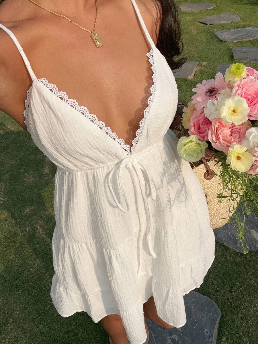 SHEIN EZwear 女士白色编织吊带度假连衣裙 - 白色 - 查看 1
