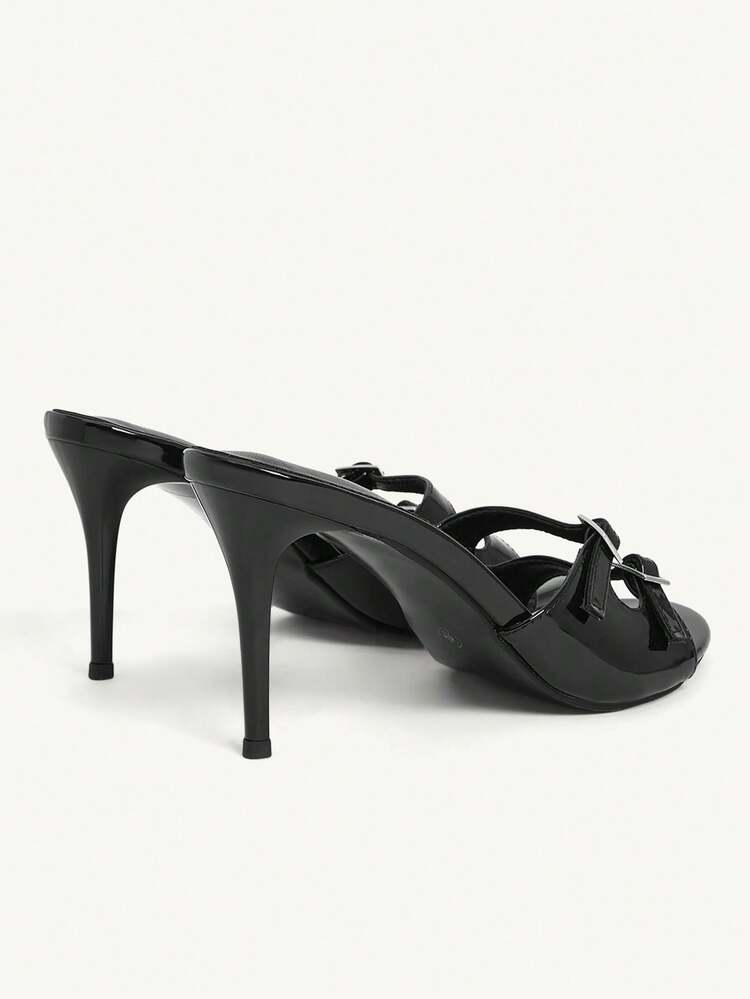 CUCCOO CHICEST Black Pointed Toe High Heel Mule Sandals, Sexy Open Toe Double Buckle Slip-On Slides For Dates Summer Shoes Wedding Shoes Bride Shoes