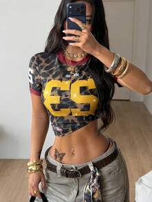 Coolane Women's Summer Streetwear Sexy Casual Game Day Going Out Y2K Number Pattern Leopard Sparkly Rhinestone Stretchy Comfortable Slim Fit T-Shirt,Summer Top - Multicolor - View 5