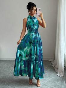 Elenzga 女士印花单排扣荷叶边无袖连衣裙，适合度假 - 綠色 - 查看 3