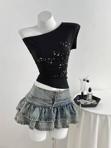 Elamini Camiseta de mujer con hombros asimétricos, cintura elástica, estrella de cinco puntas con strass, y bajo asimétrico en estilo retro y dulce - Negro - Ver 6