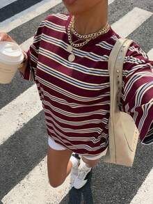 Muchica Áo thun nữ tay ngắn dáng rộng kẻ sọc màu đỏ tía, bộ sưu tập mùa hè mới. - Nhiều màu - Xem 1