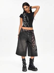 ROMWE Grunge Punk Street Fashion Tie Knot Embroidered Design Low Waist Loose Wide Leg Denim Capri Pants - Grey - View 5
