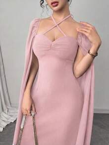 Modelyn 女士性感修身褶裥喇叭连衣裙 - 粉色 - 查看 7