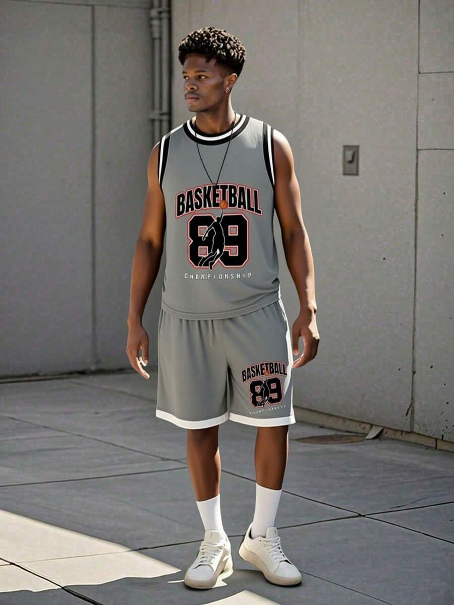 SHEIN Tween Boy Letter Printed Vest Shorts Two-Piece Set, School, Campus, College - Grey - View 1