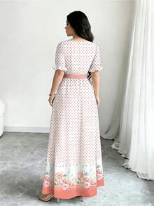 Modelyn Polka Dot & Gradient Floral Print Maxi Dress, Women's Fashion Round Neck Short Puff Sleeve Design With Belt Waist Midi Dress, Elegant Summer Dress Suitable For Vacation & Daily Wear - Multicolor - View 2
