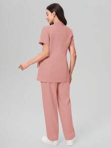 Scrubzie Anti-Wrinkle Short Sleeve Tie-Up Long Shirt And Long Pants Scrub Uniform Set - Dusty Pink - View 2