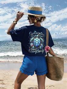 DrmWander Plus Size Casual Turtle Print Short Sleeve T-Shirt - Navy Blue - View 4