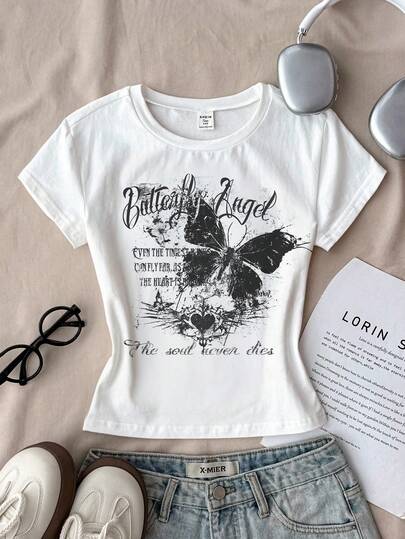 Camiseta de manga larga de cuello redondo cómoda y ajustada con estampado gráfico retro para niñas preadolescentes, adecuada para el verano