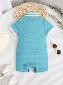 新生儿男/女宝宝绿色纹理柔软舒适提花面料撞色针织柔软polo领短袖半拉链连体短裤，适合度假、居家和外出穿着。 - 霧霾藍 - 查看 8
