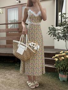 Livesso 女士花卉撞色蕾丝吊带中长连衣裙，度假款 - 黃色 - 查看 7