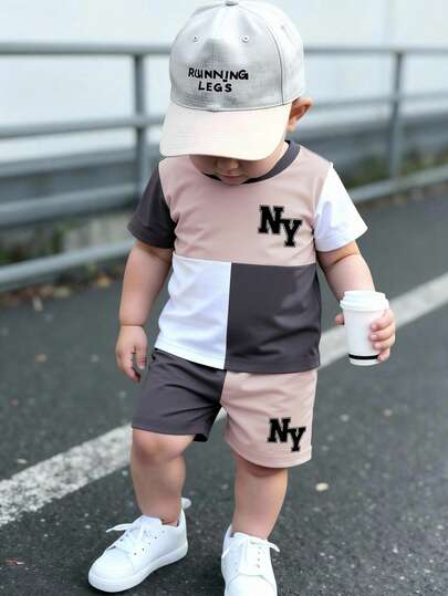2pcs/Set Baby Boy Outfit, Fashionable Minimalist Letter Pattern & Colorblock Print Round Neck Short Sleeve T-Shirt Paired With Colorblock Shorts, Suitable For Summer Outings